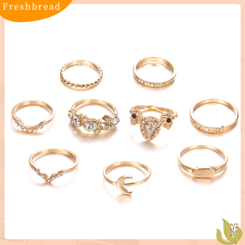 &lt; Freshbread &gt; 9Pcs/Set Bohemian Wanita Mahkota Bulan Berlian Imitasi Knuckle Midi Finger Ring Jewelry