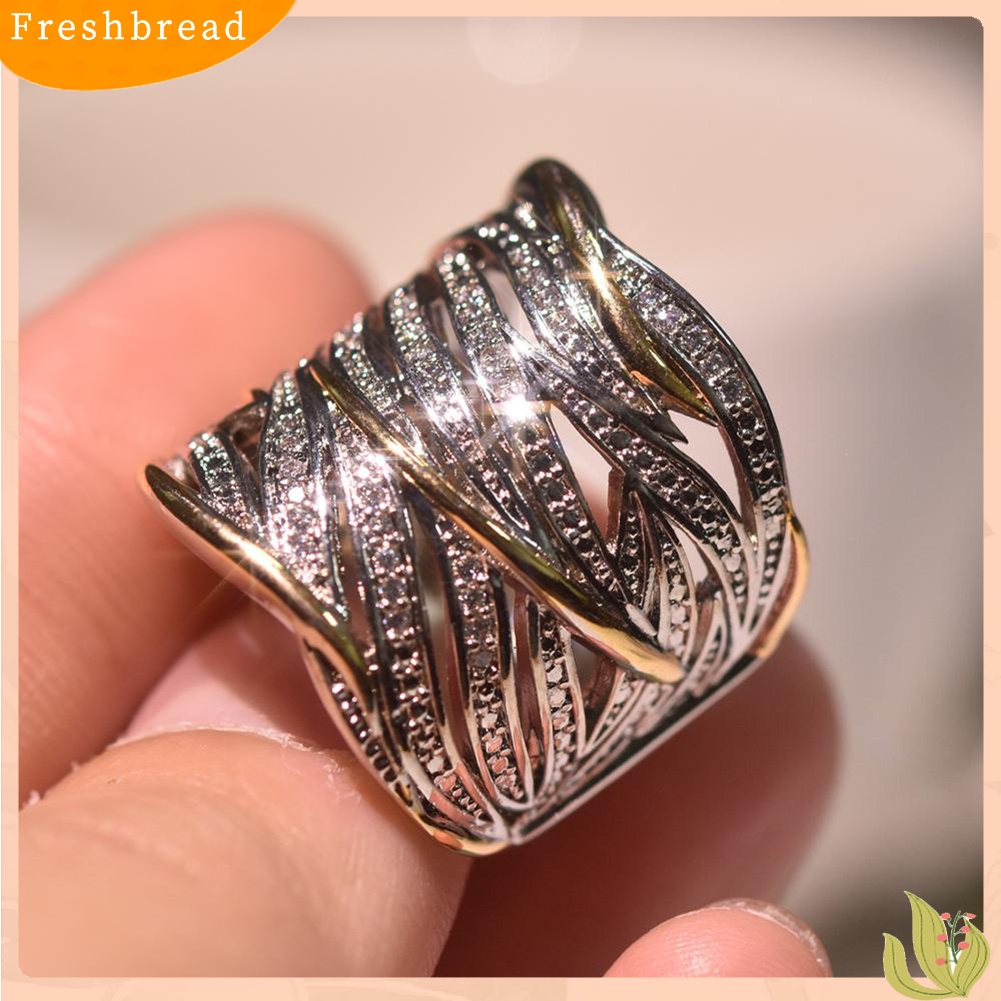 &lt; Freshbread &gt; Lady Two Tone Berlian Imitasi Bertatahkan Crossover Multi-layer Jari Cincin Perhiasan Pesta