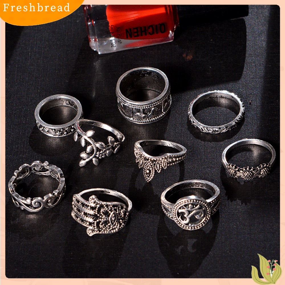 &lt; Freshbread &gt; 9Pcs Wanita Retro Ukiran Bunga Matahari Hamsa Tangan Fatima Hollow Knuckle Rings Set