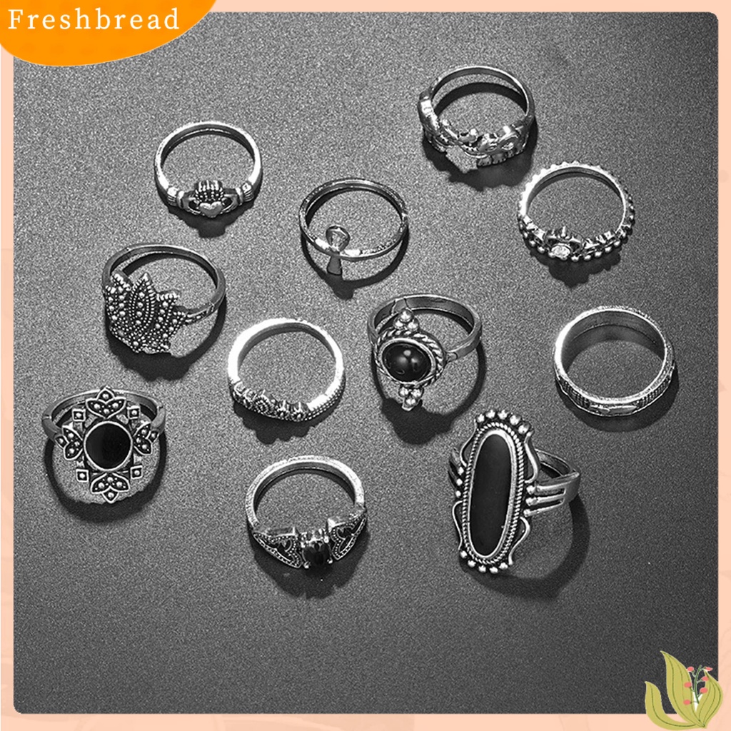 &lt; Freshbread &gt; 11Pcs/set Cincin Buku Jari Jantung Dapat Ditumpuk Paduan Bohemia Hitam Permata Imitasi Jari Rings Perhiasan Aksesori