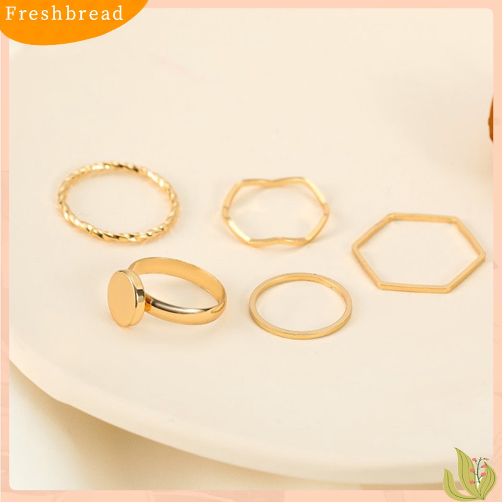 &lt; Freshbread &gt; 5Pcs/Set Cincin Shiny Pengerjaan Halus Alloy Golden Thin Women Finger Ring Untuk Hadiah