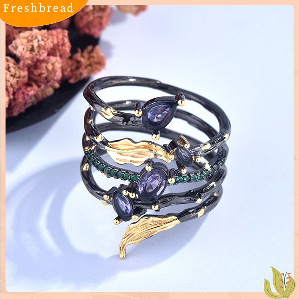 &lt; Freshbread &gt; Fashion Daun Bulu Berlian Imitasi Permata Imitasi Wanita Jari Cincin Pesta Perjamuan Perhiasan