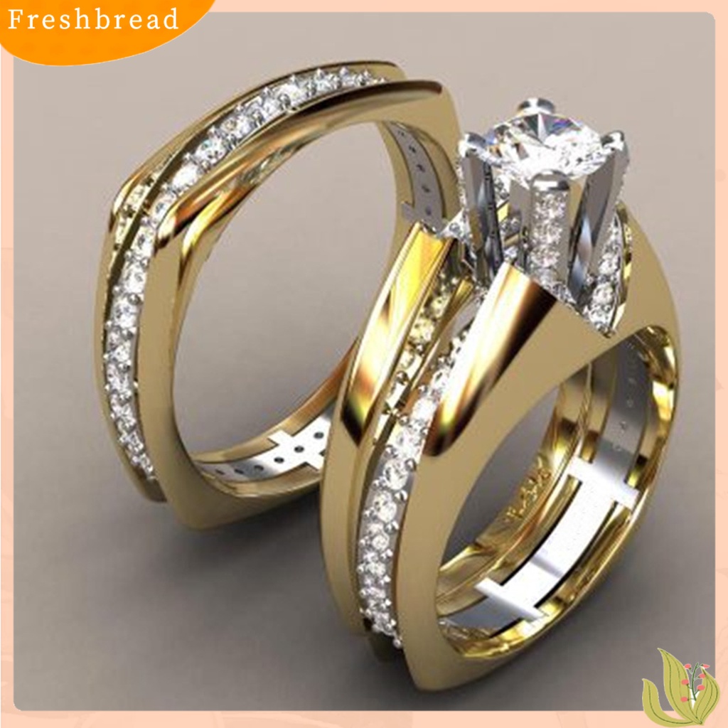 &lt; Freshbread &gt; 2Pcs Wanita Cincin Duawarna Berlapis Emas Mengkilap Geometris Berkilau Dekorasi Hadiah Cubic Zirconia Hias Pernikahan Pertunangan Rings Perhiasan Untuk Pacar