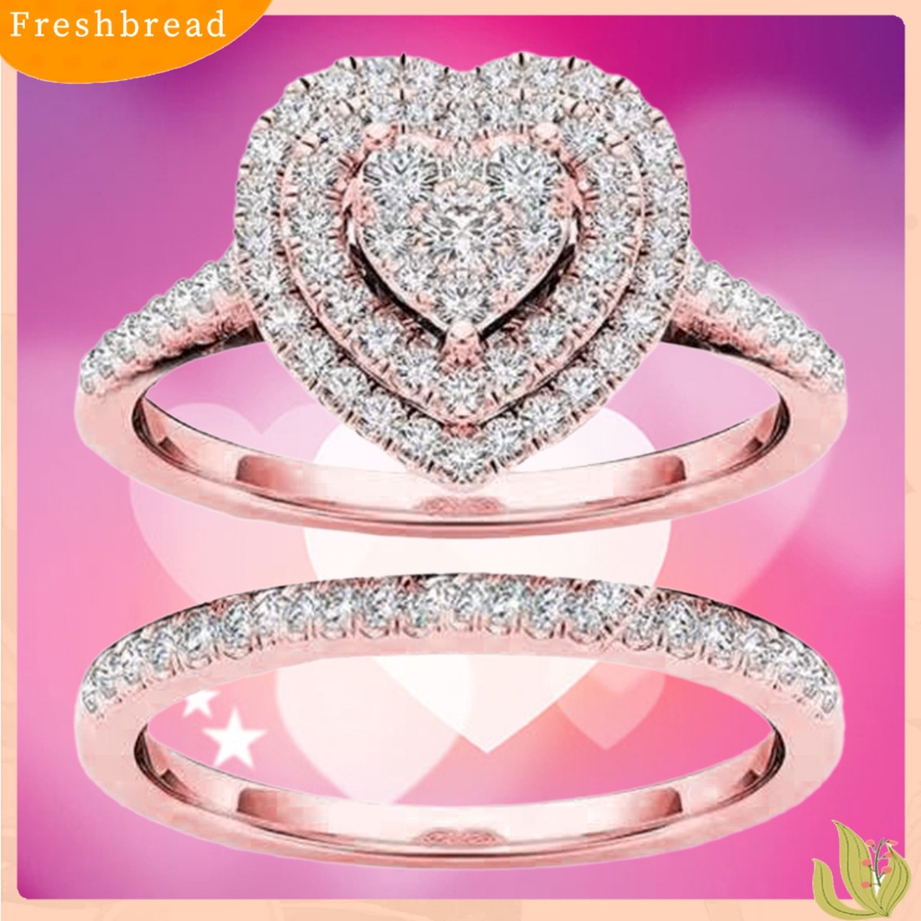 &lt; Freshbread &gt; 2Pcs/Set Cincin Menarik Hias Alloy Halus Bentuk Hati Berlian Imitasi Wanita Bridal Ring Untuk Pernikahan