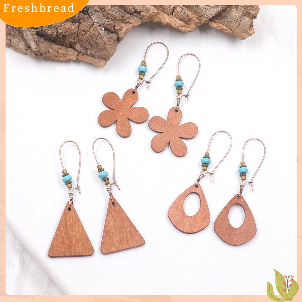 &lt; Freshbread &gt; 1pasang Bentuk Bunga Bohemia Drop Anting Kayu Bentuk Tetesan Air Manik-Manik Kait Anting Perhiasan Hadiah