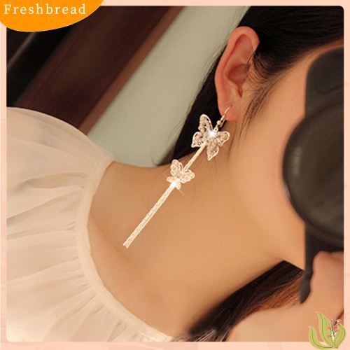 &lt; Freshbread &gt; Wanita Lapisan Ganda Kupu-Kupu Rumbai Panjang Berlian Imitasi Kait Anting Linear