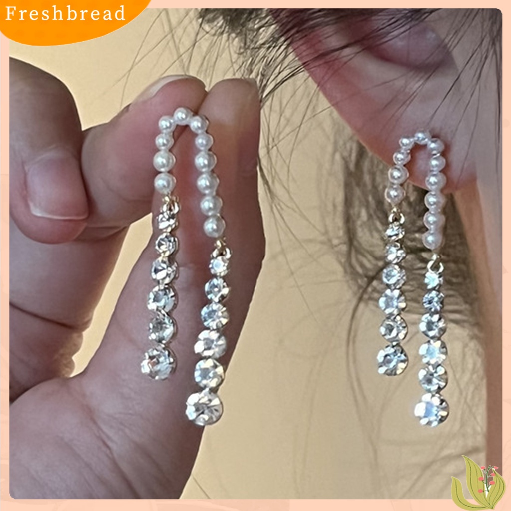 &lt; Freshbread &gt; 1pasang Anting Wanita Rumbai Panjang Mutiara Imitasi Perempuan Gaya Perancis Cubic Zirconia Anting Menjuntai Untuk Pernikahan