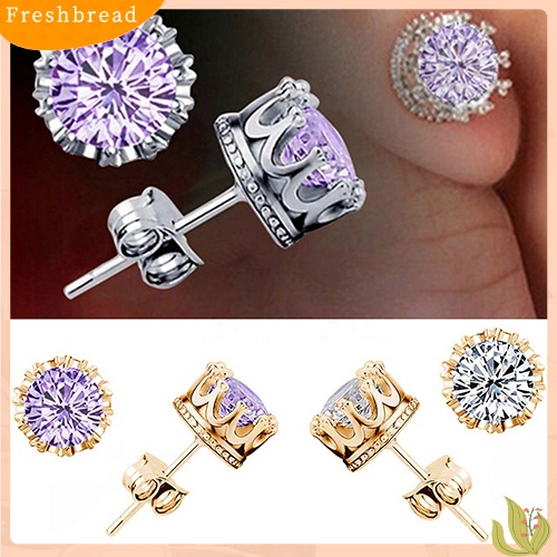 < Freshbread > Fashion Wanita Berlian Imitasi Elegan Berlapis Perak Gaya Mahkota Anting Pejantan Telinga