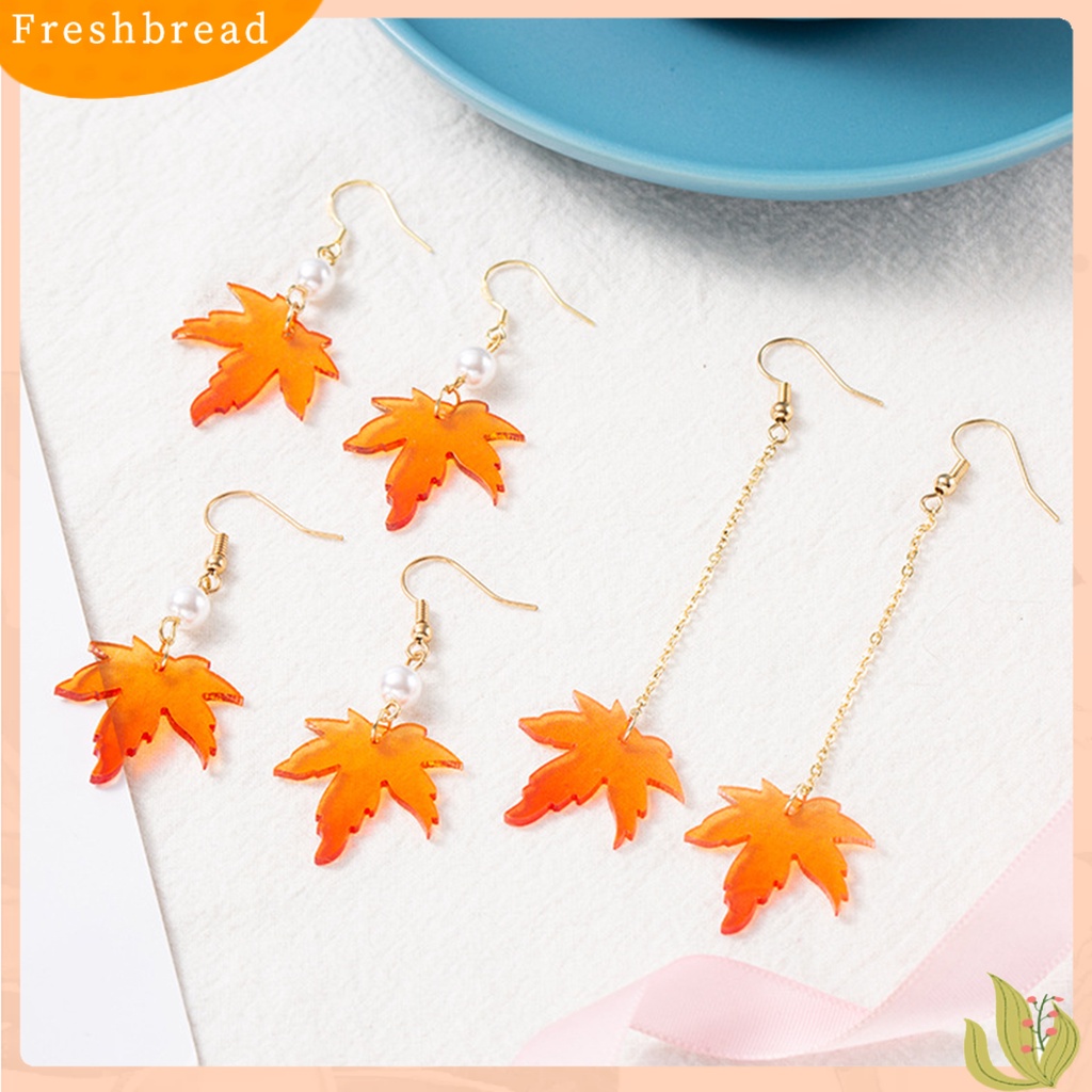 &lt; Freshbread &gt; 1pasang Mutiara Imitasi Dekorasi Drop Anting Rantai Rumbai Orange Sederhana Maple Daun Kait Anting Perhiasan Hadiah