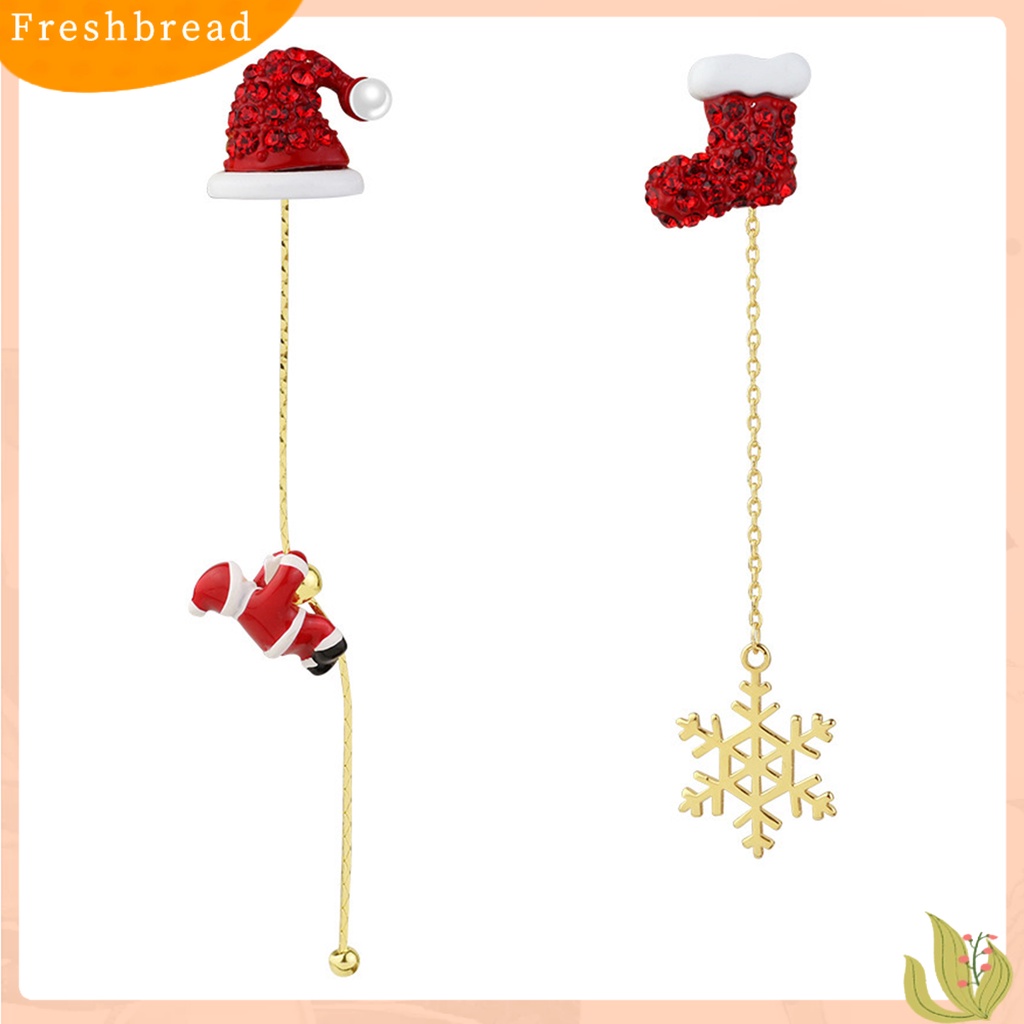 &lt; Freshbread &gt; 1pasang Anting Menjuntai Asimetris Rantai Panjang Rumbai Manis Festival All-match Dekorasi Hadiah Xmas Natal Santa Claus Snowflake Bell Drop Earrings