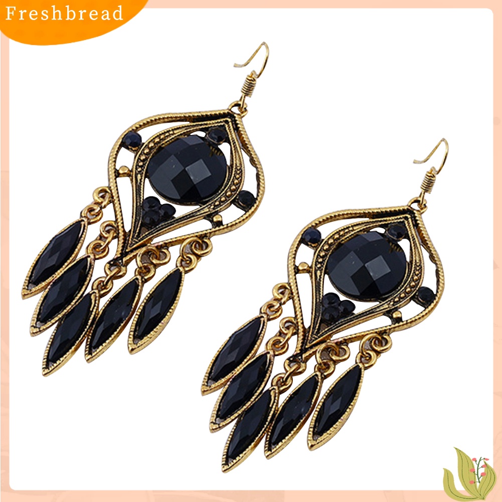 &lt; Freshbread &gt; Bohemian Wanita Berongga Ukir Resin Panjang Rumbai Menjuntai Kait Anting Perhiasan