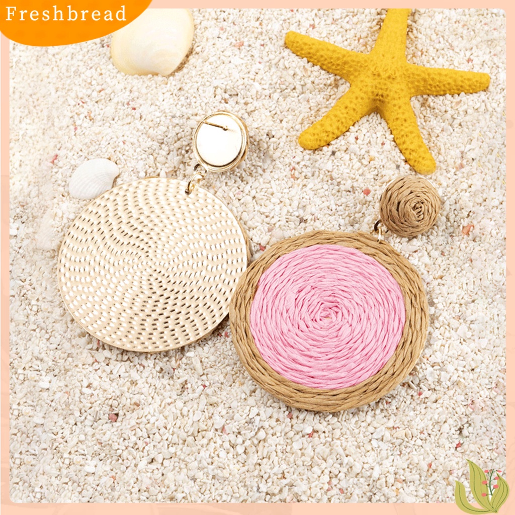 &lt; Freshbread &gt; 1pasang Anting Menjuntai Anyaman Rotan Warna Cerah Bulat Wanita Drop Earrings Aksesoris Perhiasan Untuk Liburan