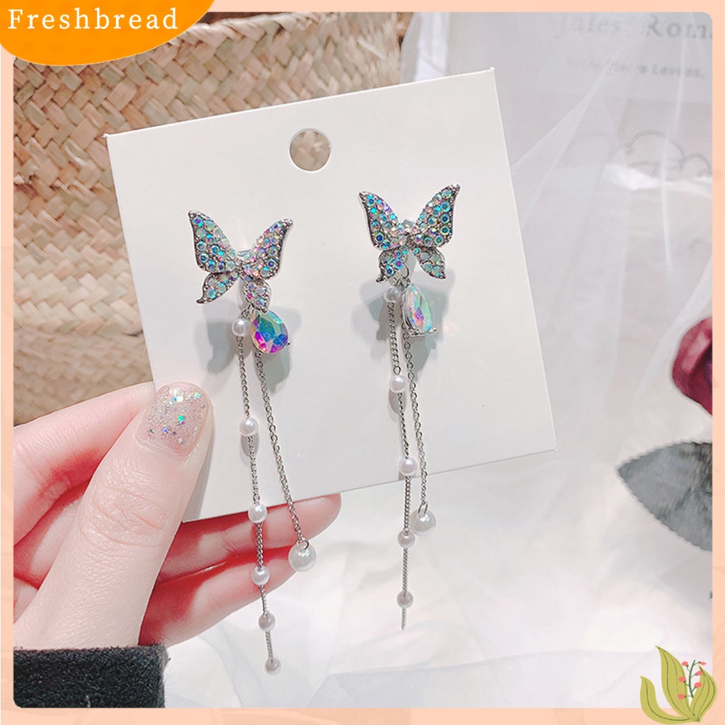 &lt; Freshbread &gt; 1pasang Berlian Imitasi Bersinar Rantai Rumbai Lady Earrings Hidup Kupu-Kupu Mutiara Imitasi Stud Earrings Elegan Earrings