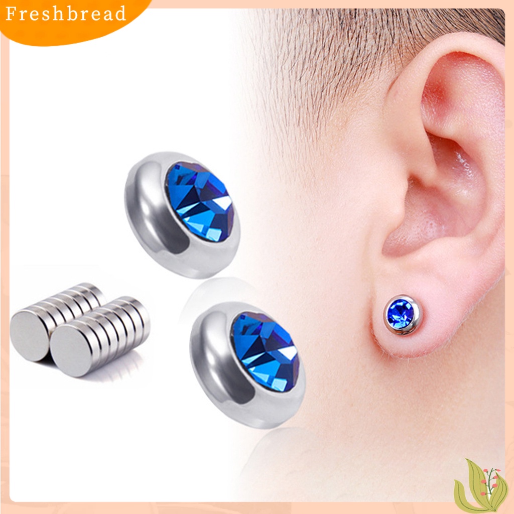 &lt; Freshbread &gt; 1pasang Ear Studs Non-Piercing ic Stainless Steel Bulat Berwarna Berlian Imitasi Tertanam Pria Wanita Anting-Anting Fashion Perhiasan