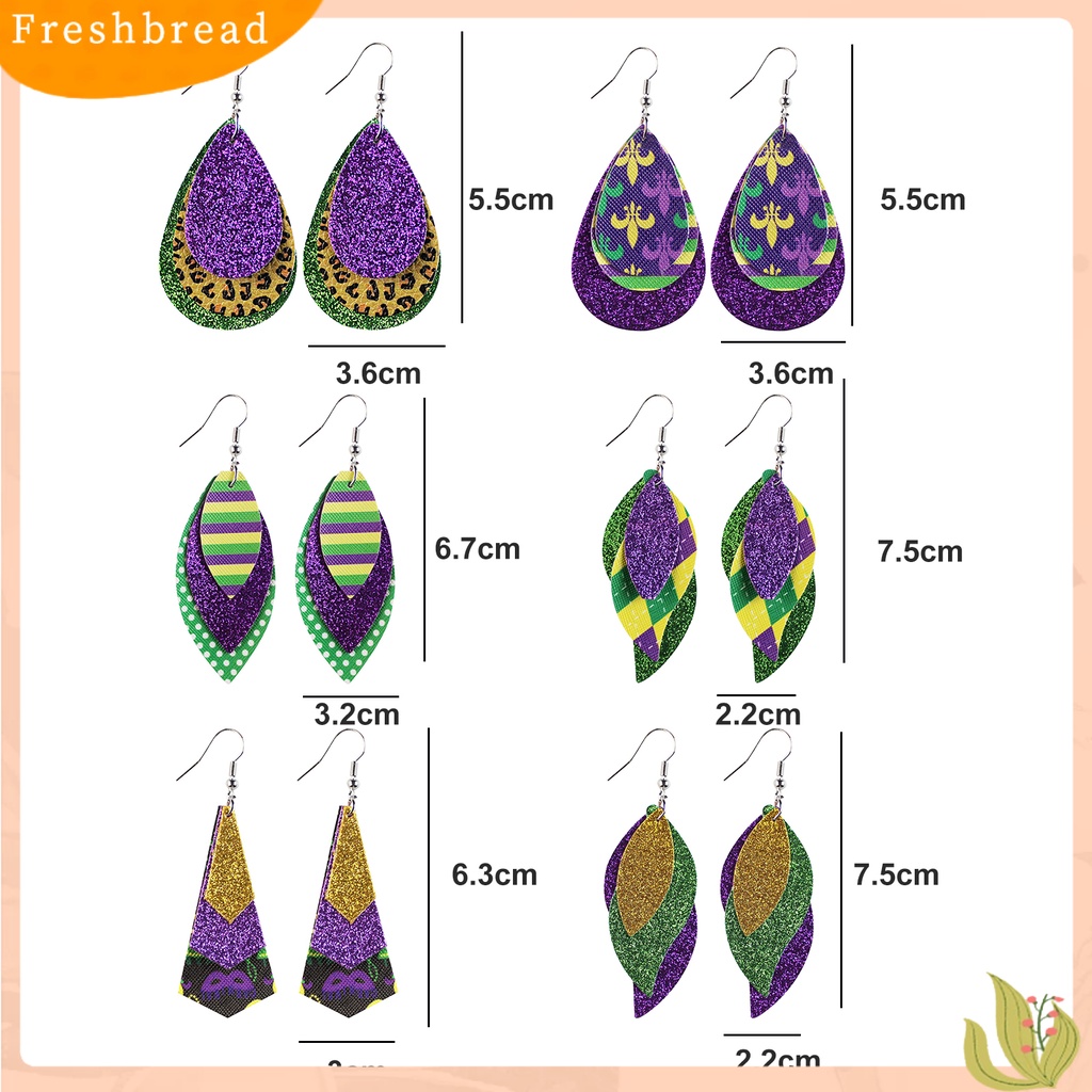 &lt; Freshbread &gt; 1pasang Anting Kait Warna-Warni Glitter Teardrop Berbentuk Daun 3lapisan Kulit Imitasi Menjuntai Anting Perlengkapan Karnaval