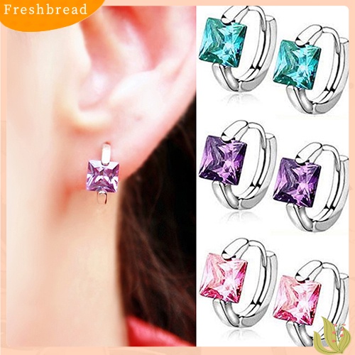 &lt; Freshbread &gt; Anting Huggie Wanita Kotak Bersinar Cubic Zirconia Silver Plated Eardrop Masa Kini