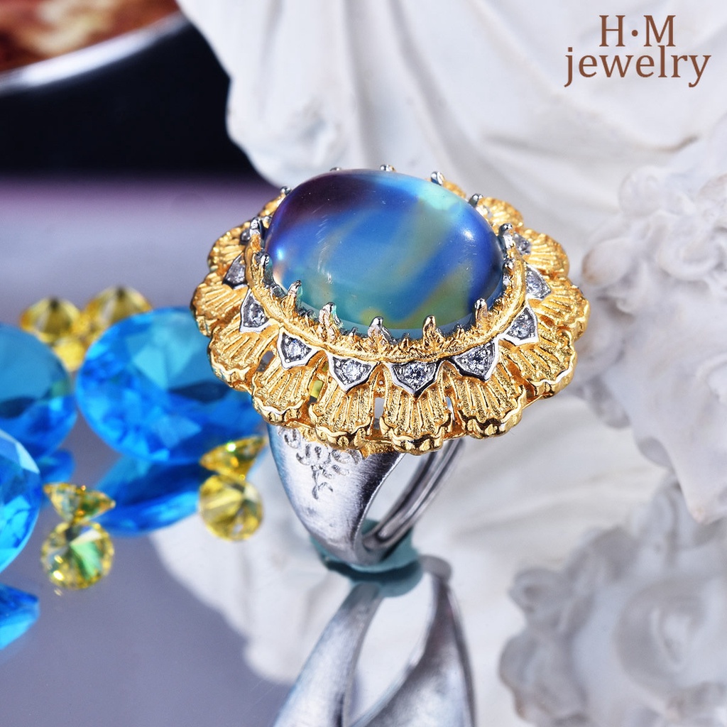 S925 Perak Pola Anyaman Ukir Emas Gambar Moonstone Cincin Warna Ganda Emas Renda Ornamen