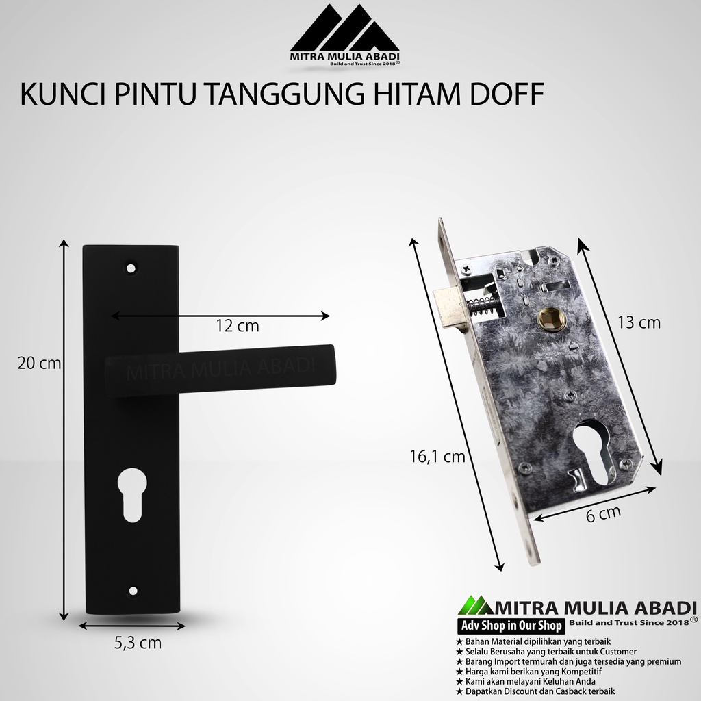 KUNCI PINTU TANGGUNG 20 cm | HITAM DOFF | Fullset