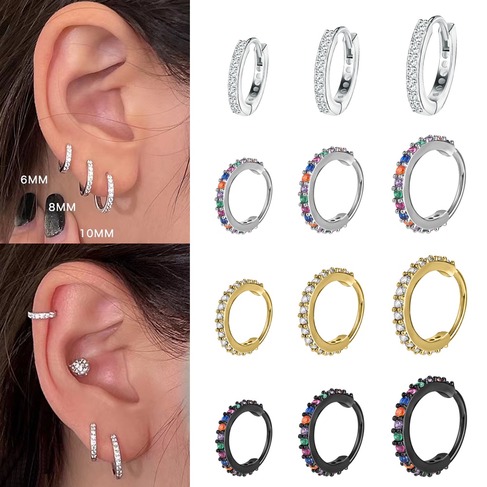 1-3pcs6 /8/10mm Kristal Mini Hoop Earrings Huggie Kecil Tipis Tulang Rawan Anting-Anting Tembaga Tragus Rook Lobe Auricle Helix Piercing