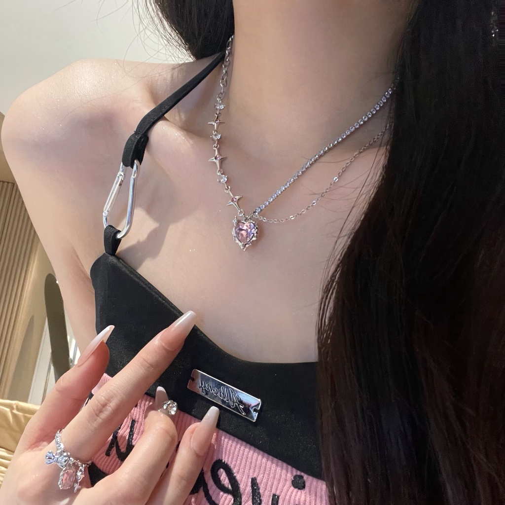 Kalung Liontin Hati Zircon Warna Pink Bintang Choker Rantai Kristal Silver Untuk Aksesoris Perhiasan Wanita