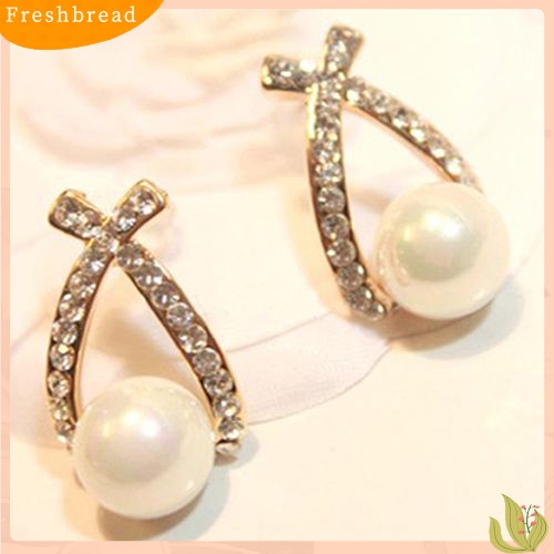 {In Stock} Women's Faux Pearl Ear Studs Earrings Cross Berlian Imitasi Hadiah Perhiasan Pernikahan