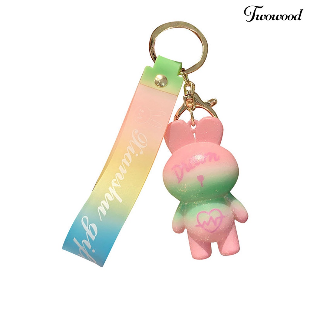 Twowood Rabbit Keychain Warna Gradien Cinta Hati 3D Boneka Silikon Hewan Lucu Bunny Car Key Ring Liontin Mahasiswa Ransel Ornamen