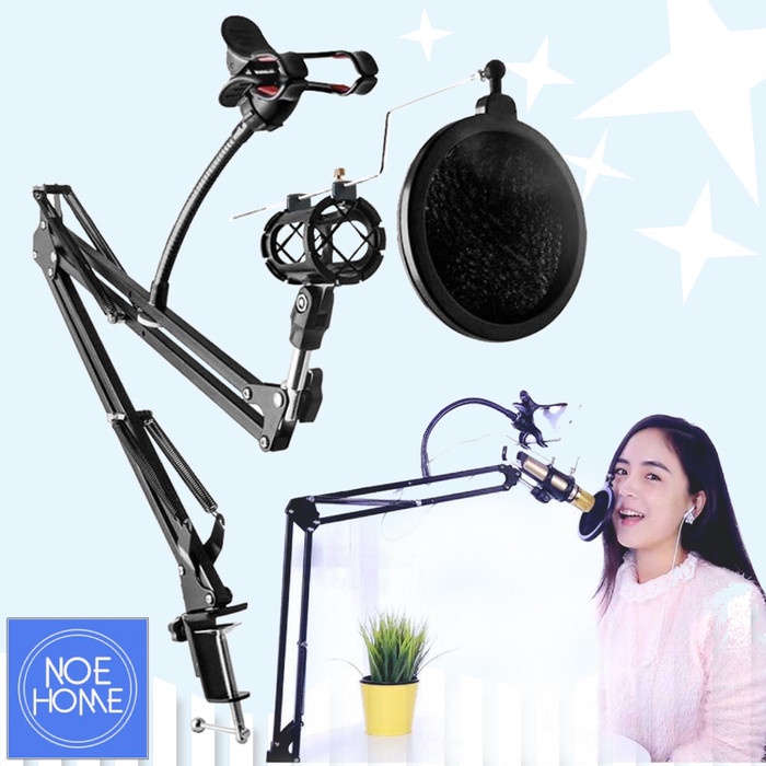 Mic Stand Podcast Meja Mikrofon Kondenser 360 Holder HP Pop Filter