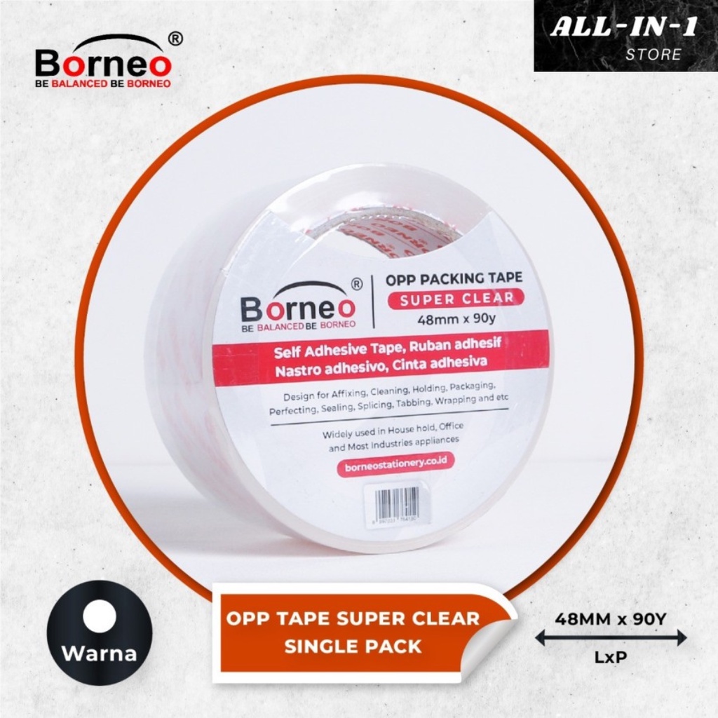 

Borneo Lakban OPP Warna Super Bening Ukuran 48mm x 90 Yard, Solasi, Isolasi Kuat, Single Packaging