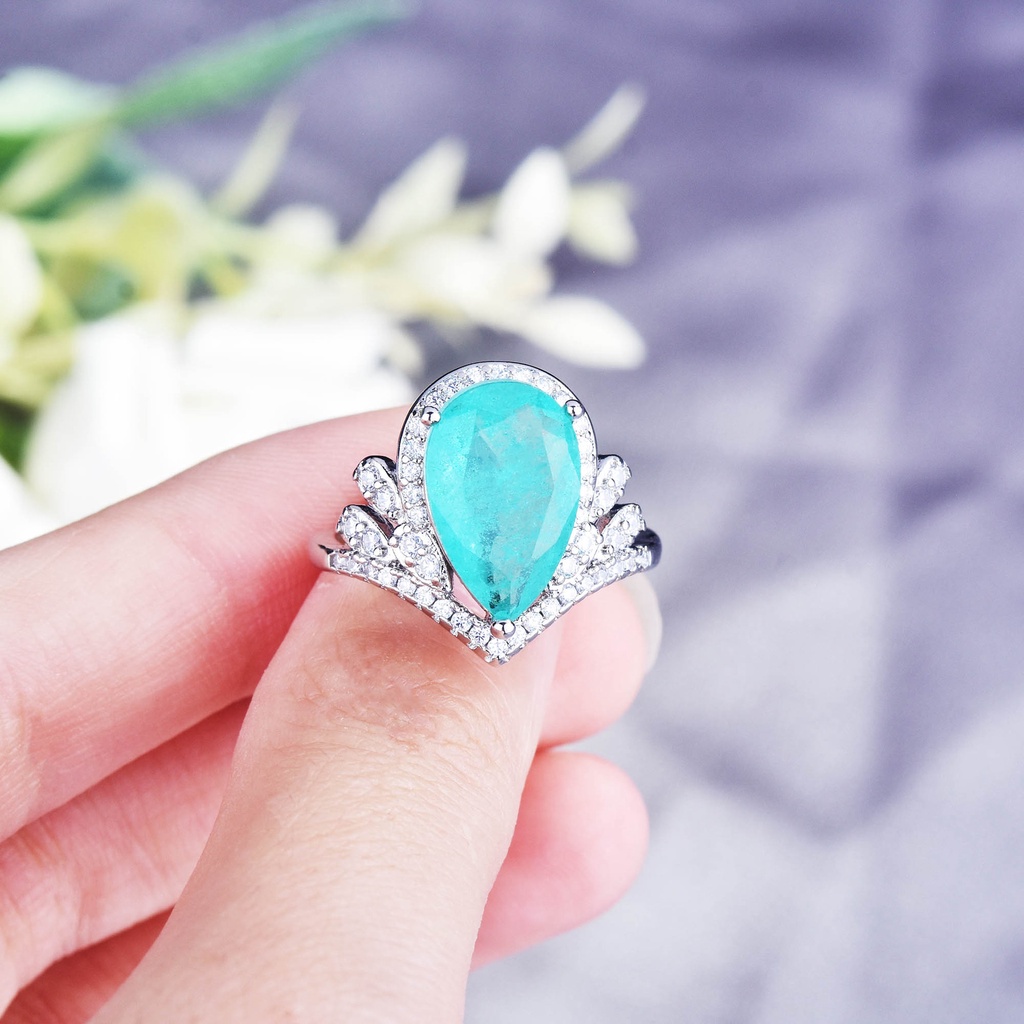 Goldkingdom Aksesoris Perhiasan Fashion Ready Stock Mahkota Mewah Berlian Teardrop Tourmaline Crystal Paraiba Color Jewel Opening Ring