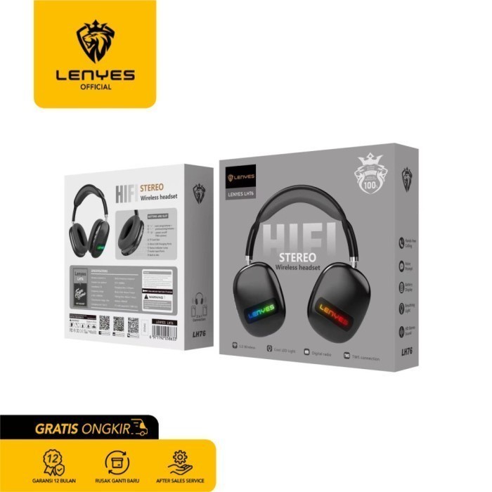 Lenyes LH76 Stereo Wireless Headset TWS RGB Bluetooth Hi-Fi Original earphone music musik gamer