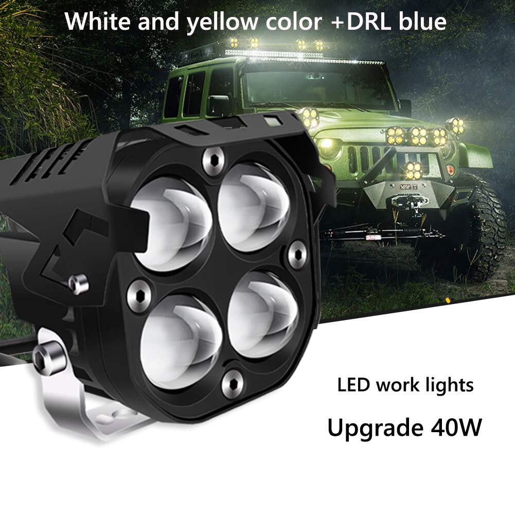 Lampu Depan Motor LED 3-inch 40W Yang Ditingkatkan Dengan Lampu Running Kotak, Lampu Sorot, Lampu Kerja, Lampu Kabut, Dan Cahaya Suasana Biru - Baik Jauh Dekat Putih Kuning