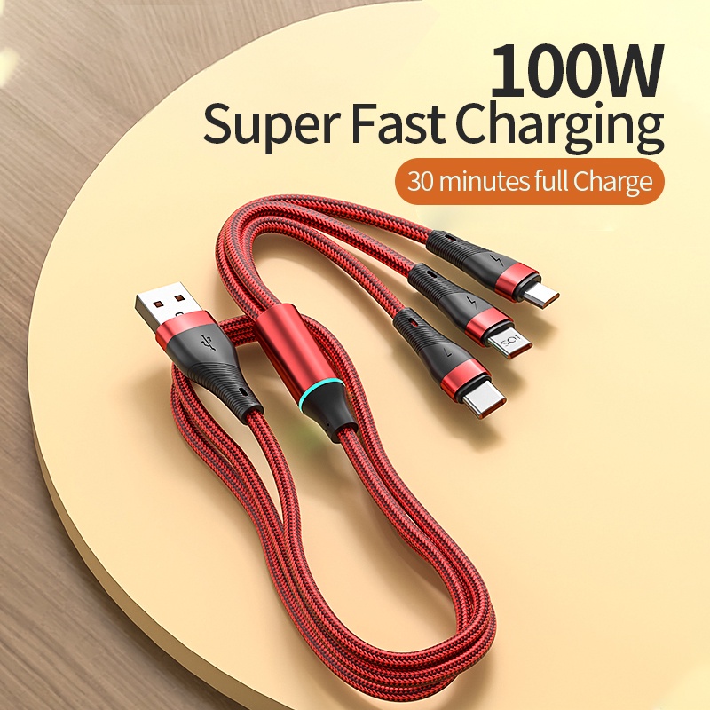 Kabel Charger 100W Super Cepat 6A Kabel Charger 3in1 Micro Usb/Type-C/Untuk Kabel iPhone