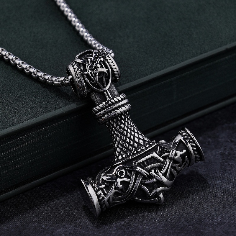 [X C Kalung] Baru Silvery Vintage Viking Seri Palu Naga Liontin Punk Hip Hop Stainless Steel Kalung Hadiah Pesta Ulang Tahun Untuk Pria Dan Wanita