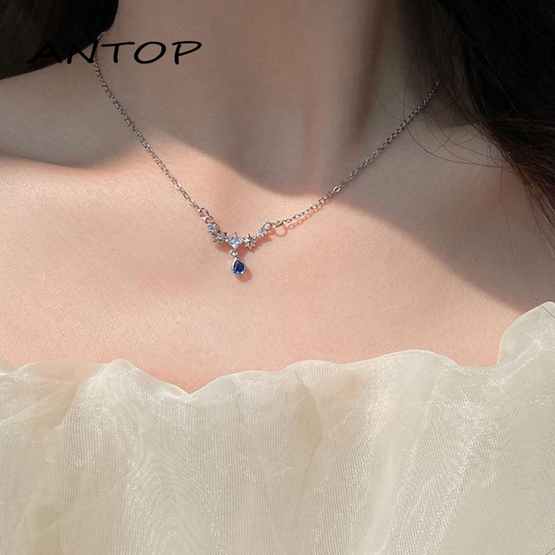 【antop】Blue Zircon Water Drop Kalung Wanita Ringan Mewah Manis Keren Temperamen Rasa Maju