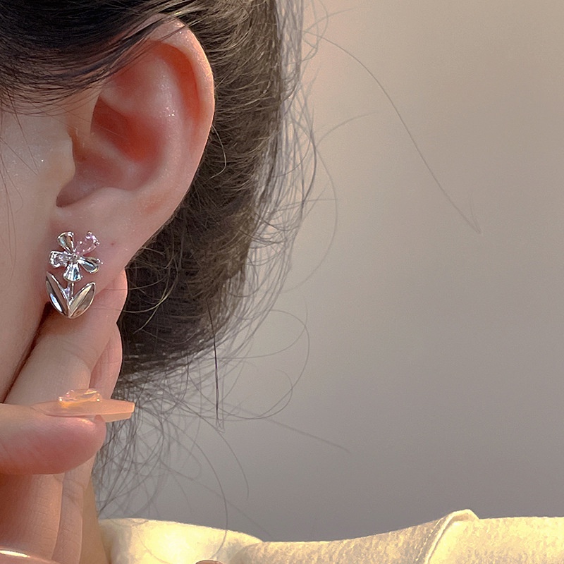 Papaozhu Elegan S925 Perak Berkilauan Pink Zirkon Bunga Stud Anting-Anting Untuk Wanita Perempuan Chic Bersinar Kristal Blossom Anting-Anting Temperamen Aksesoris Telinga Pacaran