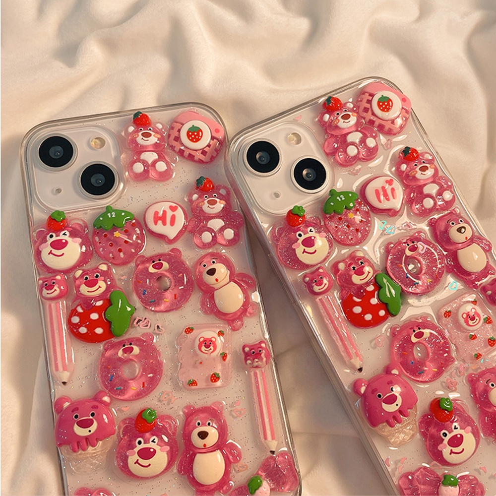 IPHONE Lucu Permen Jelly Warna 3D Strawberry Bear Phone Case Untuk Iphone14 13 12 11 Pro Max Cases Lembut Glitter Transparan Cover