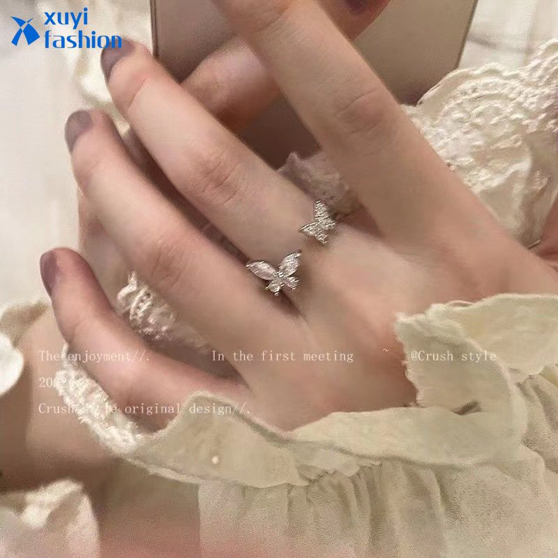 Cincin Silver Butterfly Cincin Pembukaan Adjustable Kristal Elegan Untuk Aksesoris Perhiasan Wanita