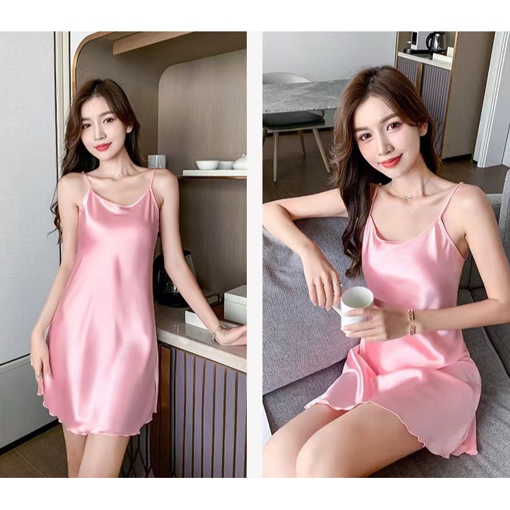 Daster Tanpa Lengan Lingerie Dress Warna Polos Bahan Sutra Es Tipis Adem Baju Dinas Sexy Malam Depan Suami Lingeri Seksi Lingeria