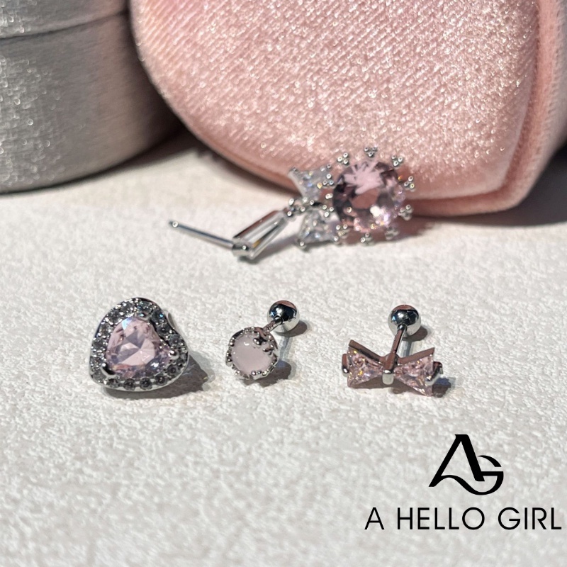 Anting Tusuk Model Rumbai Tulang Telinga Zircon Heart Bow Knot Pink Manis Untuk Wanita