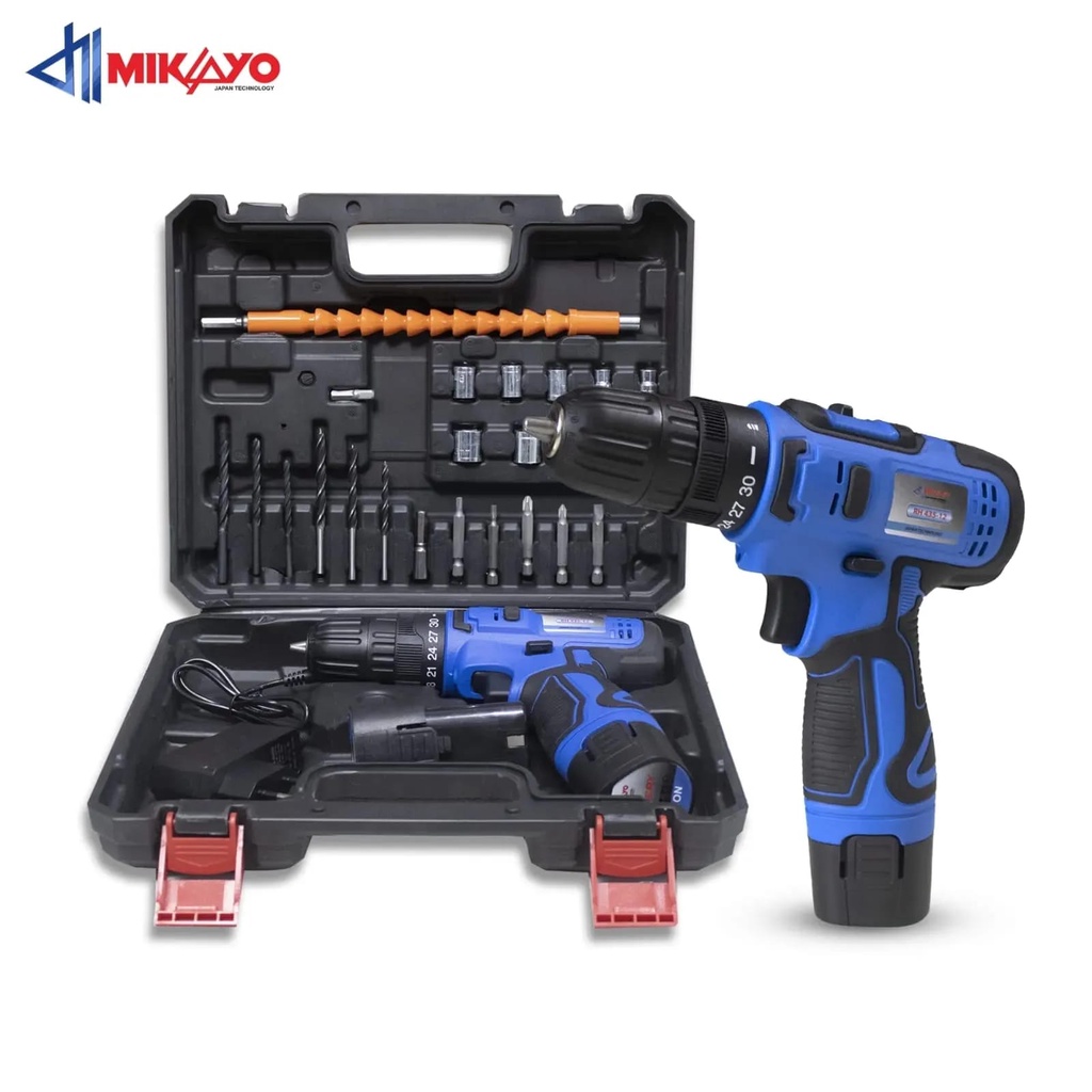MIKAYO JAPAN 12V bor baterai cas komplit - 10mm bor baterai cas - bor cas murah 2 baterai - BOR CORDLESS murah promo 2 baterai - MESIN BOR 12V-bor cas jld UNTUK KAYU BESI TEMBOK BETON termasuk Baterai dan Pengisi Daya, Poros Fleksibel, 24mata