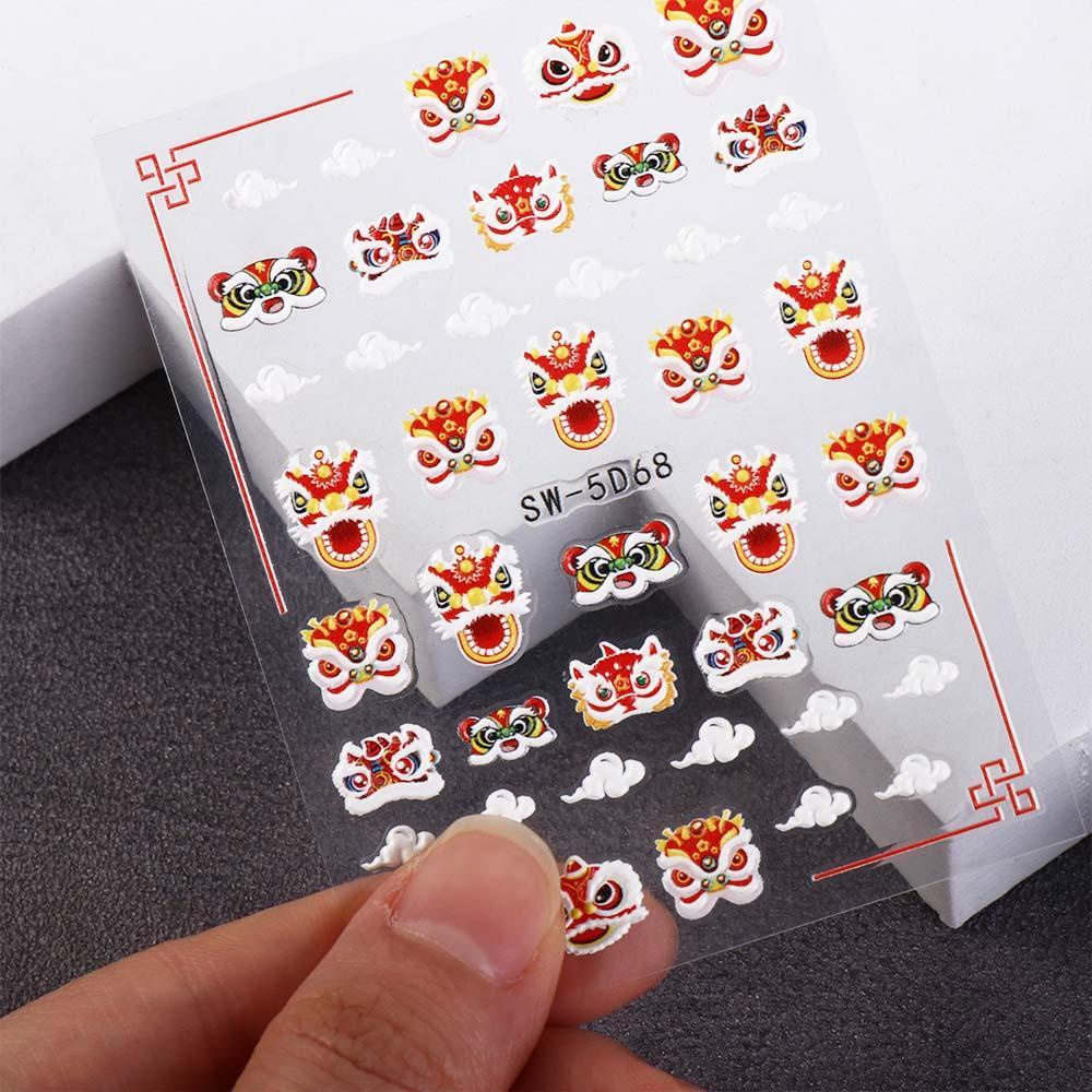 Needway Stiker Kuku Imlek 5D Relief Cute Lion New Year Nail Art FU Karakter Karakter Cina Perekat Diri Dekorasi Nail Art