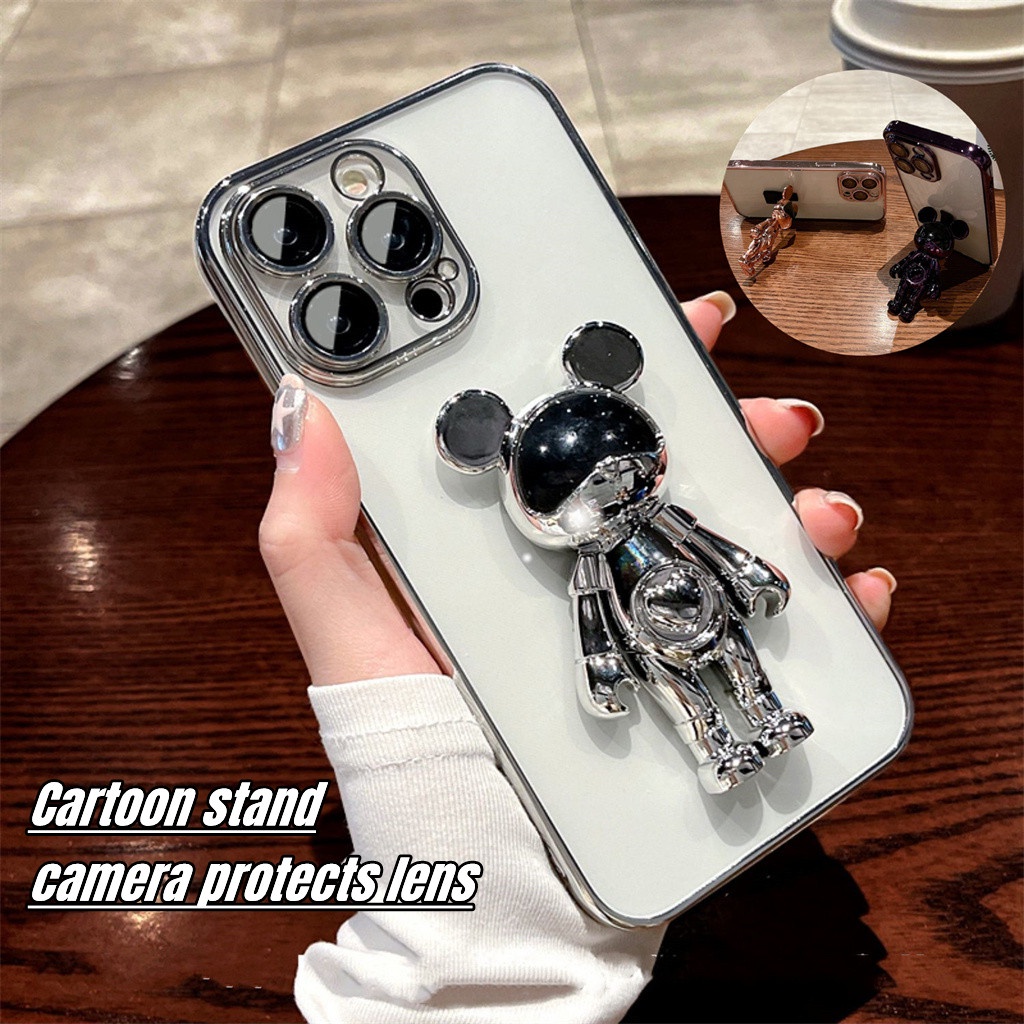 Casing Lensa Pelindung Kamera Mewah iPhone 14 Pro Max case iPhone 13 12 11 Pro Max14 plus promax Kartun 3D Mickey stand TPU Bening Perlindungan shock Lembut Penutup Belakang