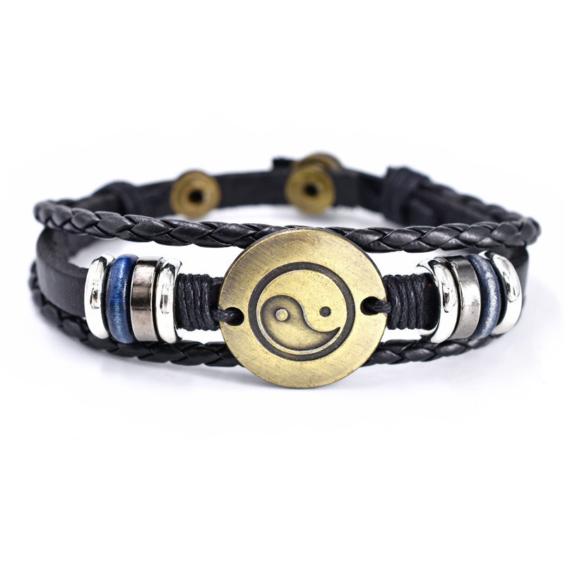 [Z H Perhiasan] Vintage Bagua Manik-Manik Gelang Kulit Pria Dan Wanita Fashion Stainless Steel Multilayer Gelang Punk Pesta Rock Perhiasan Aksesoris