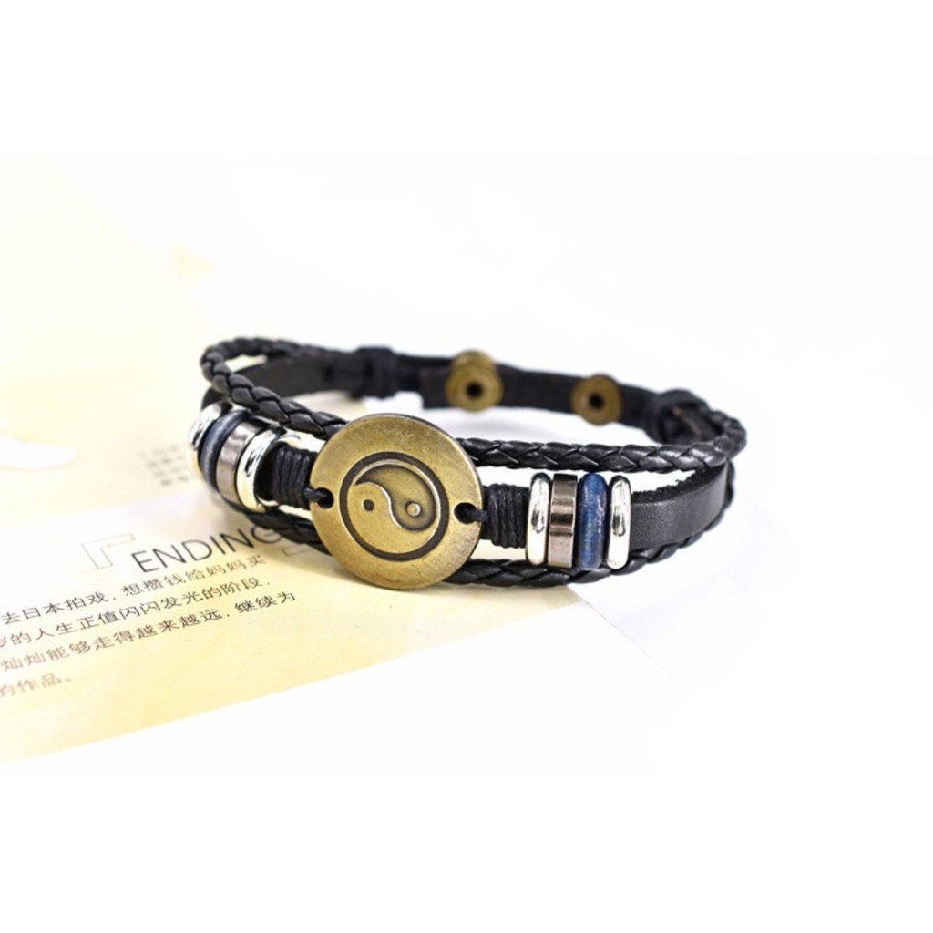 [Z H Perhiasan] Vintage Bagua Manik-Manik Gelang Kulit Pria Dan Wanita Fashion Stainless Steel Multilayer Gelang Punk Pesta Rock Perhiasan Aksesoris