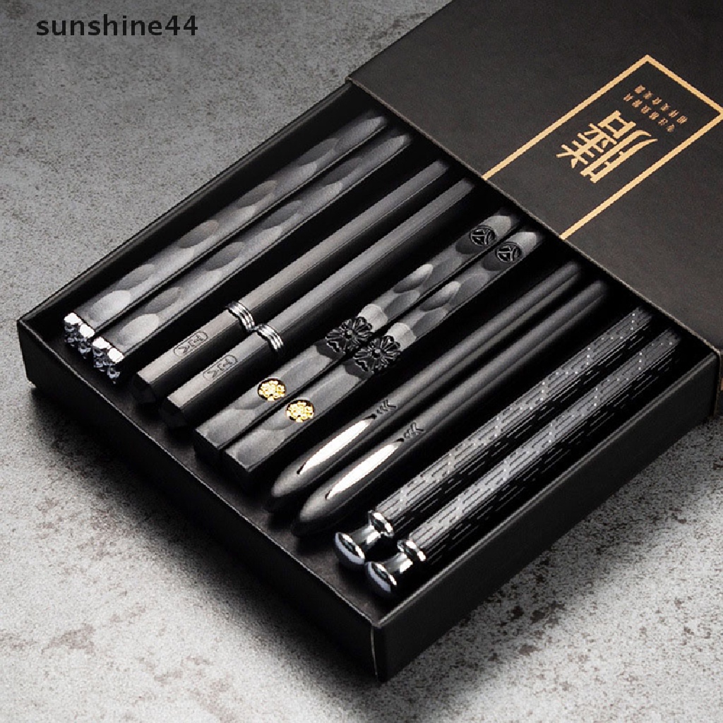 Sunshine 5pasang Sumpit Ukiran Laser Alloy Stik Sushi Reusable Non-Slip ID