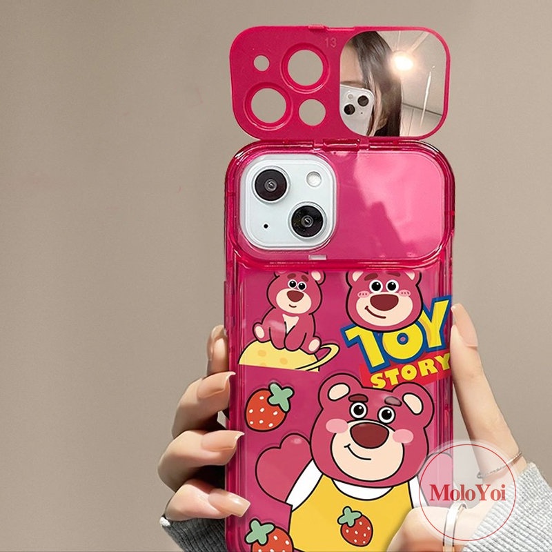 IPHONE Flip Make Up Cermin Imut Strawberry Bear Case Kompatibel Untuk Iphone11 14 13 12 Pro MAX 7Plus XR 78 14 Plus X XS MAX SE 2020 Kartun Toy Story Buzz Lightyear Shockproof Soft Cover