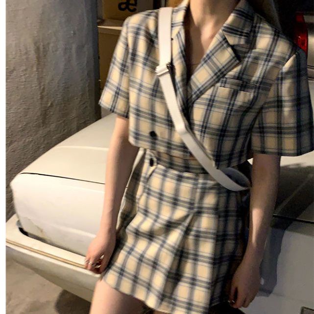 Red 2021 musim panas kotak-kotak lengan pendek V-neck jas + setelan rok celah modis untuk wanita