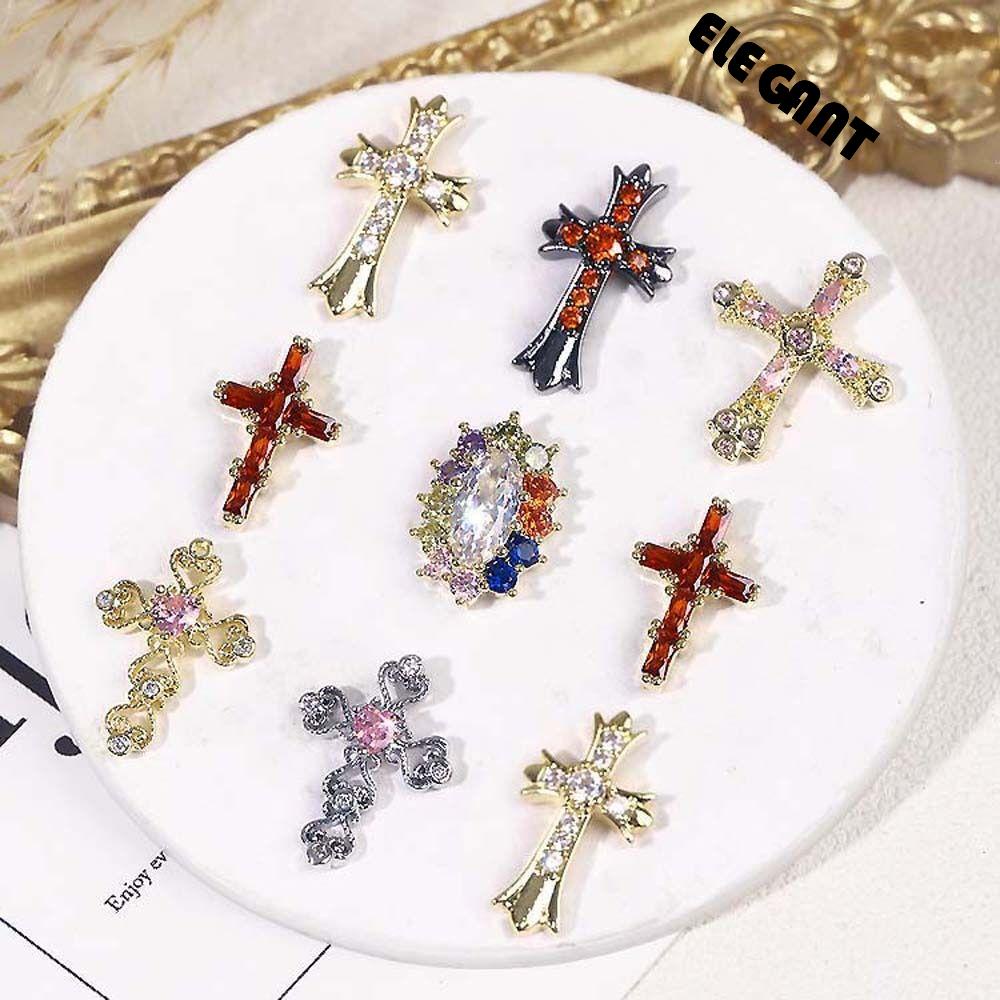 [Elegan] Cross Dekorasi Kuku Wanita Retro Perak Jepang Nail Drills Croix Cross Zirkon Hiasan Kuku 3D Nail Jewelry