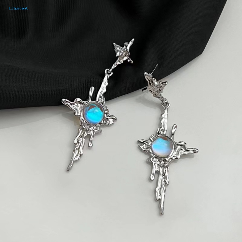 Lilyscent 1pasang Hadiah Menjuntai Anting-Anting Aksesori Fashion Wanita Gadis Salib Faux Moonstone Menjuntai Earrings Perhiasan Logam Cair