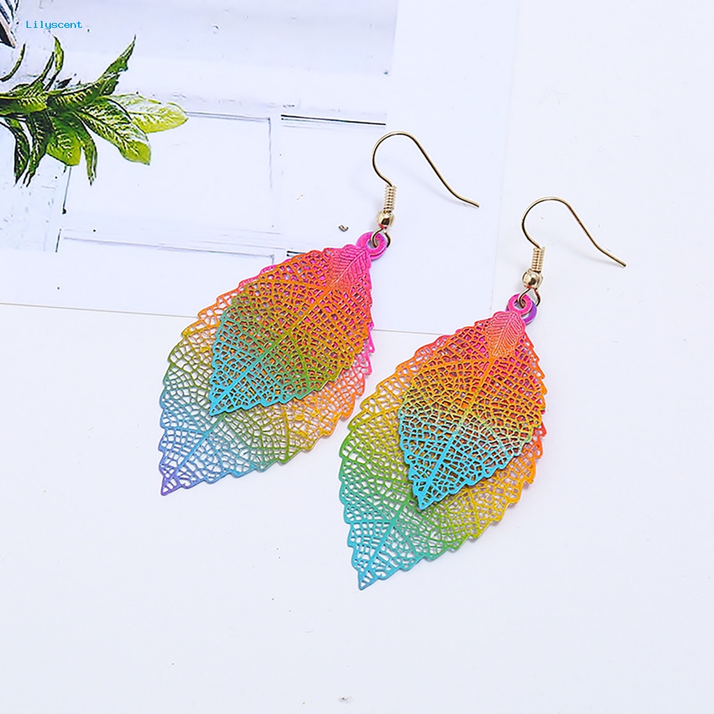 Lilyscent 1pasang Hadiah Ulang Tahun Anting Daun Pakaian Sehari-Hari Wanita Pesona Double-layer Leaf Drop Menjuntai Earrings Warna-Warni